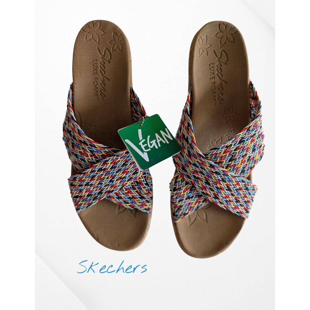 Skechers Luxe Foam Vegan Wedge Sandals – Multicolor Braided Slip-On